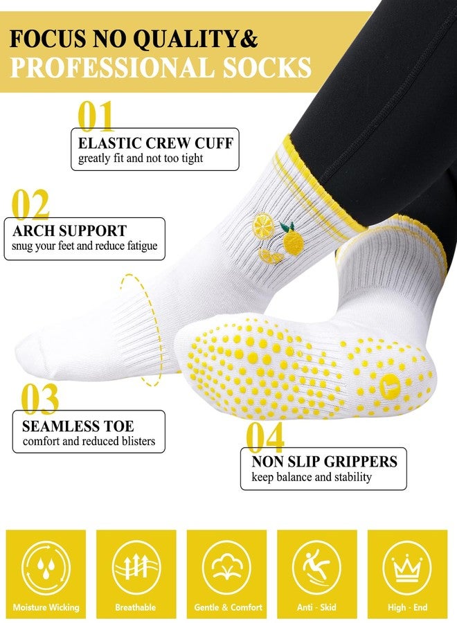 floconssy Pilates Socks for Women, White Grip Yoga Crew Non Slip Embroidery Socks for Barre Workout Hospital Slipper Lemon - Image 2
